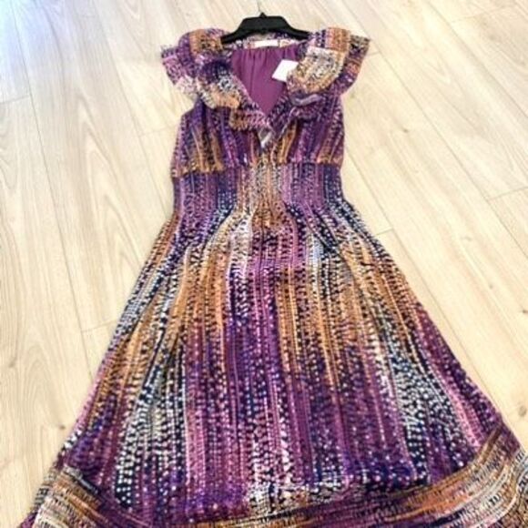 Ramy Brook Multicolor Patterned Maxi with v-neck ruffled sleeveless bodice Sz M, - Picture 13 of 13